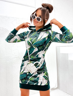 Zelené velurové šaty s kapucí a se vzorem listů (8250)