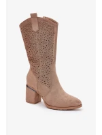 Dámské perforované kozačky do poloviny lýtka ve stylu kovbojek S.Barski – béžové, eko kůže Dámské perforované kozačky do poloviny lýtka ve stylu kovbojek S.Barski – béžové, eko kůže