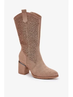 Dámské perforované kozačky do poloviny lýtka ve stylu kovbojek S.Barski – béžové, eko kůže