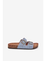 Dámské pantofle na korkové platformě s přezkami – světlý denim