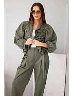 Dámský bavlněný komplet s model 22294792 mikinou a kalhotami khaki zielony - K-Fashion