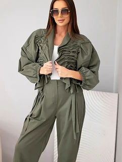 Dámský bavlněný komplet s model 22294792 mikinou a kalhotami khaki zielony - K-Fashion