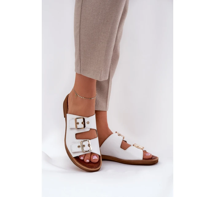 Kožené Ploché Sandály S Přezkami Bílé Zazoo 3020