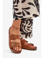 Dámské pantofle na korkové platformě s přezkami – camel Dámské pantofle na korkové platformě s přezkami – camel