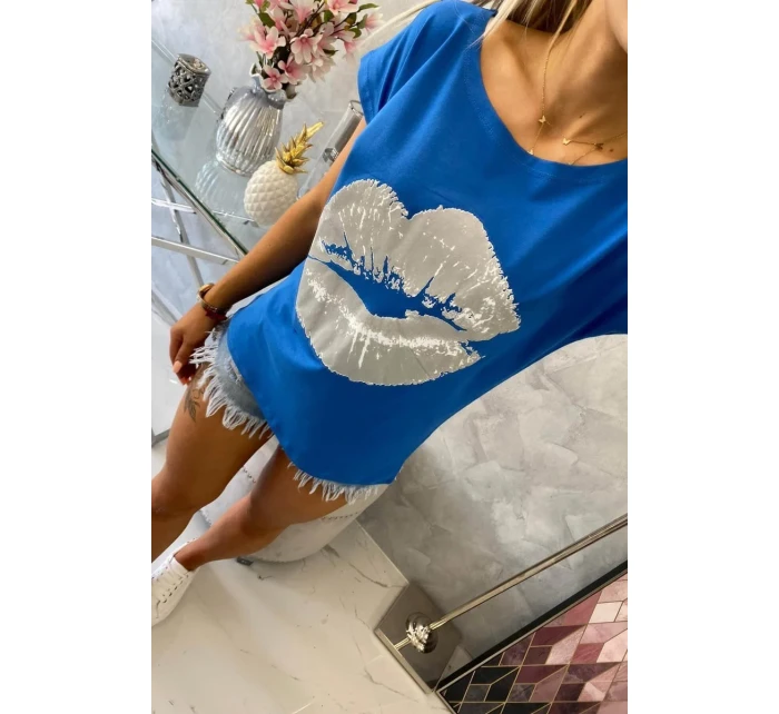 Halenka s potiskem rtů chrpově modrá