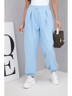 Dámské bavlněné kalhoty s vysokým pasem a ozdobným knoflíkem modré Dámské bavlněné kalhoty s vysokým pasem a ozdobným knoflíkem modré