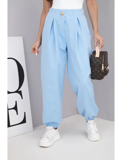 Dámské bavlněné kalhoty s vysokým pasem a ozdobným knoflíkem modré