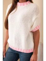 Dámský svetr s krátkým rukávem a model 21949246 lemem ecru - K-Fashion