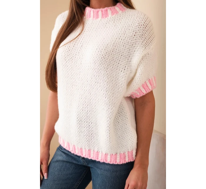 Dámský svetr s krátkým rukávem a model 21949246 lemem ecru - K-Fashion