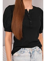 Dámská bavlněná žebrovaná halenka s nabíraným rukávem a knoflíčky černá