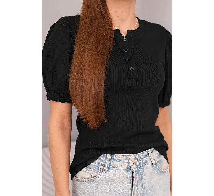 Dámská bavlněná žebrovaná halenka s nabíraným rukávem a knoflíčky černá
