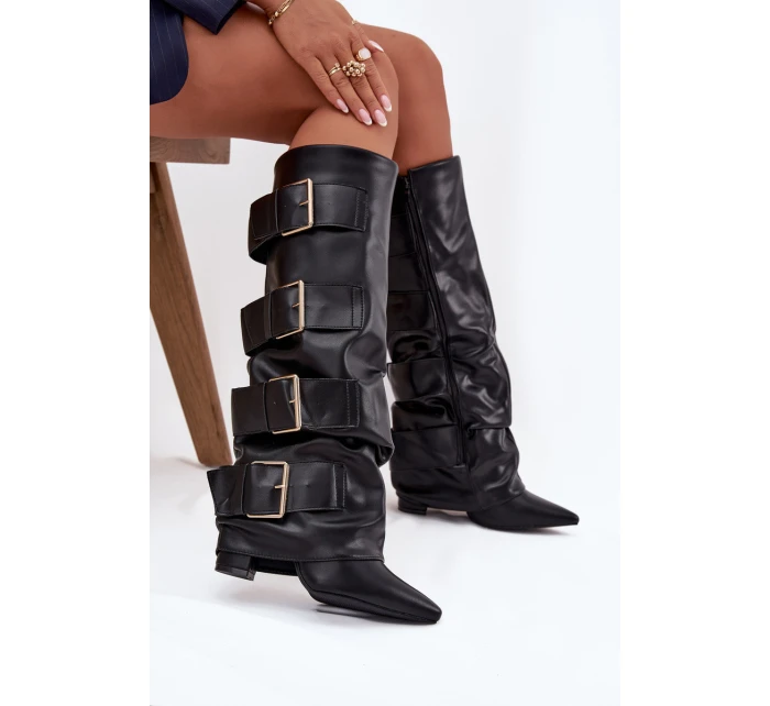 Dámské kozačky na podpatku s lemem a zlatými Černé model 21708830 - Boto Dámské kozačky na podpatku s lemem a zlatými Černé model 21708830 - Boto