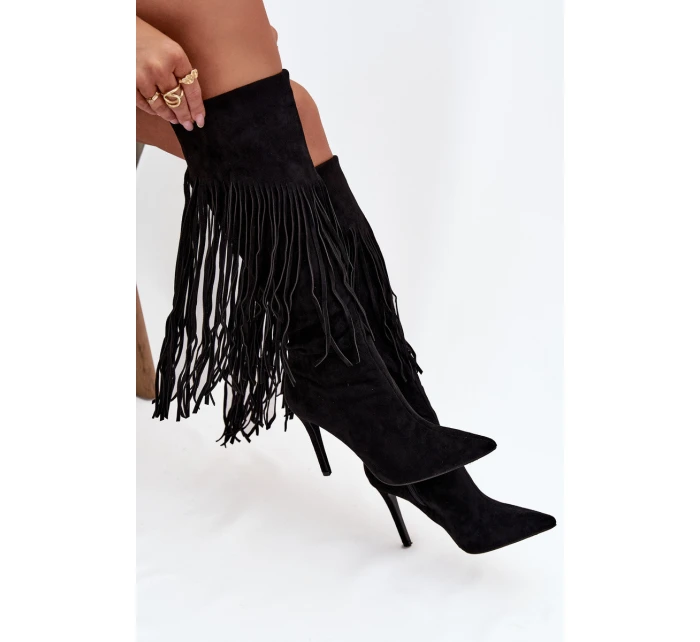 Dámské kozačky na jehlovém podpatku s třásněmi černé model 21709824 - Boto