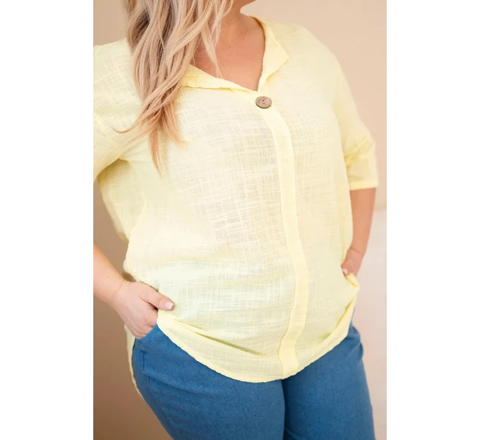 Dámská bavlněná halenka Plus Size s výstřihem na knoflíky žlutá