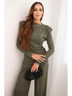 Dámská bavlněná souprava s halenkou a kalhotami s širokým nohavicemi khaki Dámská bavlněná souprava s halenkou a kalhotami s širokým nohavicemi khaki