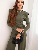 Dámská bavlněná souprava s halenkou a kalhotami s širokým nohavicemi khaki