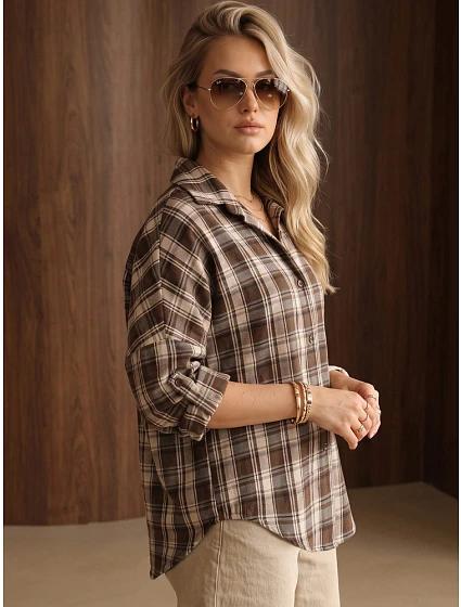 Dámská bavlněná košile s hnědým kostkovaným vzorem FashionStreet DY0511 Dámská bavlněná košile s hnědým kostkovaným vzorem FashionStreet DY0511