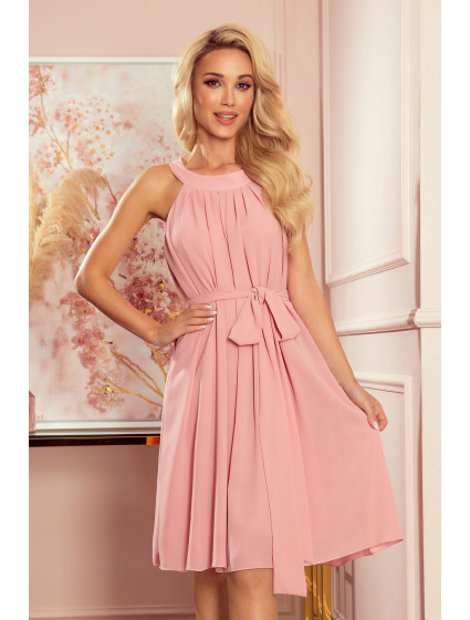 dámské šifonové šaty v pudrově růžové barvě s vázáním model 15740646 - numoco