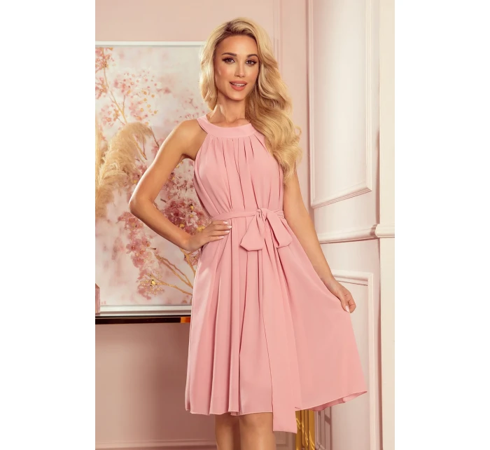 ALIZEE - dámské šifonové šaty v pudrově růžové barvě s vázáním 350-2