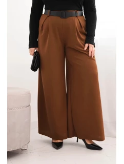 Dámské kalhoty Plus Size se širokou nohavicí a páskem čokoládové