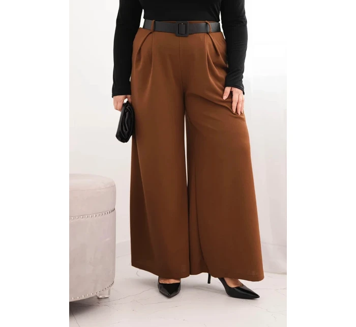 Dámské kalhoty Plus Size se širokou nohavicí a páskem čokoládové