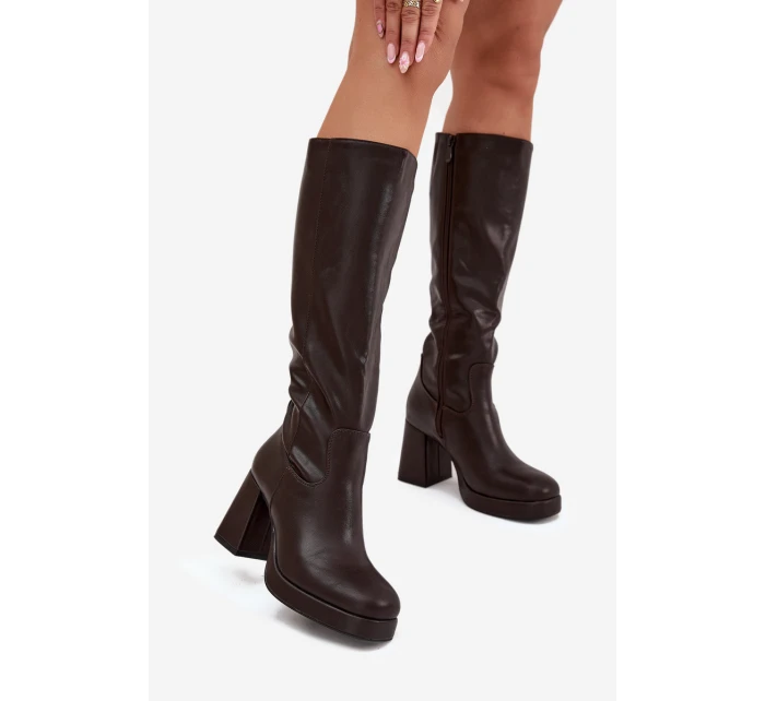 Dámské Kozačky Kolena Na Zip Podpatky Hnědé model 21704914 - Boto