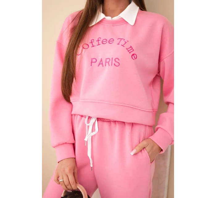 Dámská souprava máslová mikina s límečkem a rovné kalhoty světle růžový