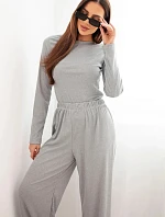 Dámská viskózová souprava s halenkou a širokými kalhotami šedá