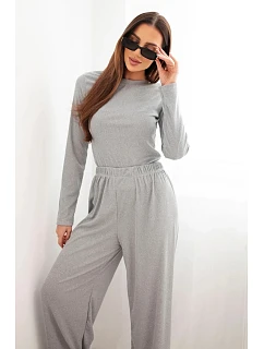 Dámská viskózová souprava s halenkou a širokými kalhotami šedá