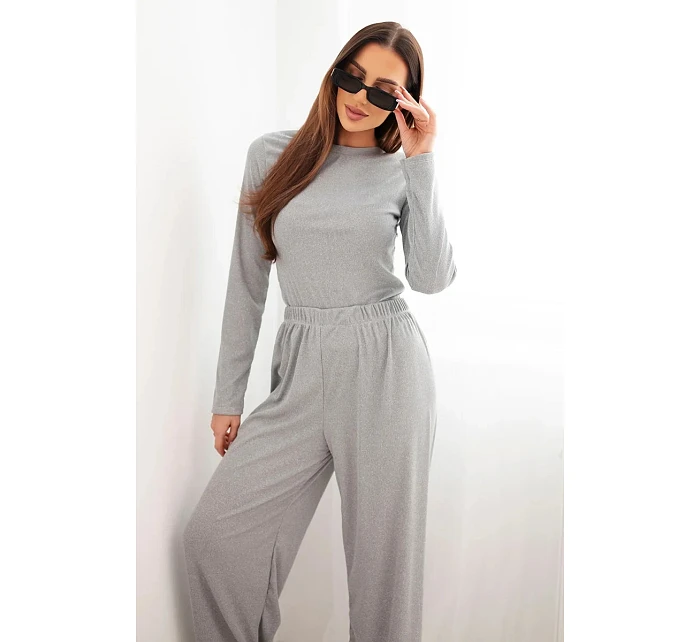 Dámská viskózová souprava s halenkou a širokými kalhotami šedá