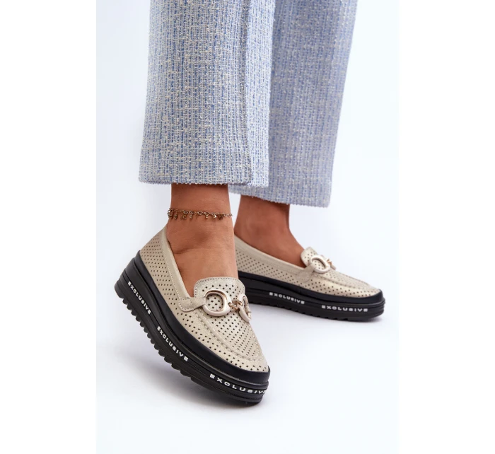 Lesklé kožené dámské mokasíny na platformě s ozdobou S.Barski LR750 zlaté