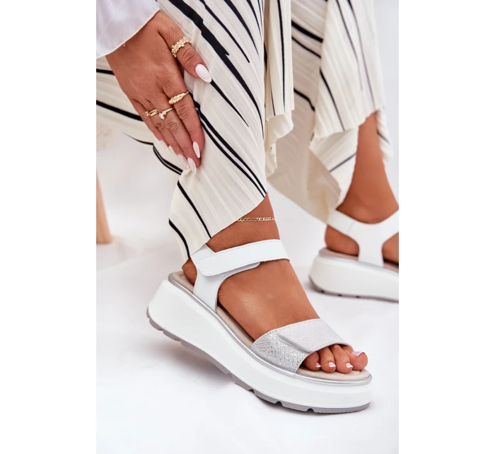 Dámské Kožené Sandály Na Platformě A Klínu Na Suchý Zip model 21690910 Stříbrné - S.Barski