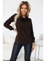 140-29 Služební halenka s dlouhým rukávem a zavazováním vpředu - čokoládová