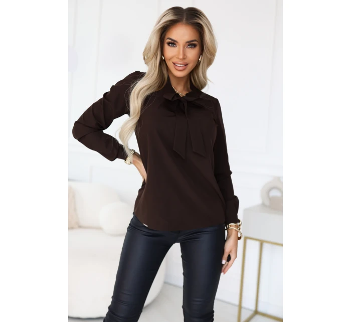 140-29 Služební halenka s dlouhým rukávem a zavazováním vpředu - čokoládová