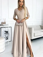 309-10 AMBER krajkové elegantní dlouhé šaty s výstřihem a rozparkem na nohou - BEACH