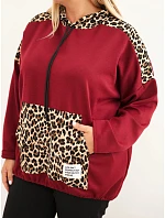 Dámská mikina Plus Size viskózová s kapucí a vložkami s leopardím vzorem bordó červená