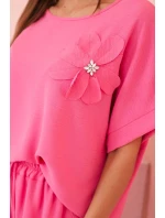 Dámský komplet z viskózy s ozdobným květem a širokými kalhotami - růžový Dámský komplet z viskózy s ozdobným květem a širokými kalhotami - růžový