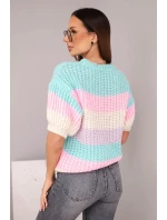 Dámský model 21949236 s krajkovým vzorem v barevných pruzích s krátkým rukávem mátový - K-Fashion