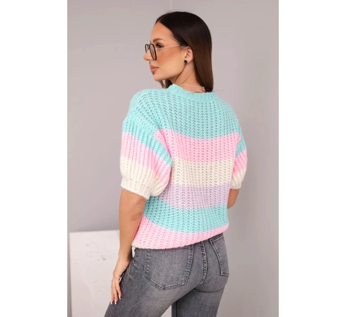 Dámský model 21949236 s krajkovým vzorem v barevných pruzích s krátkým rukávem mátový - K-Fashion
