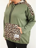 Dámská mikina Plus Size viskózová s kapucí a leopardími vložkami khaki