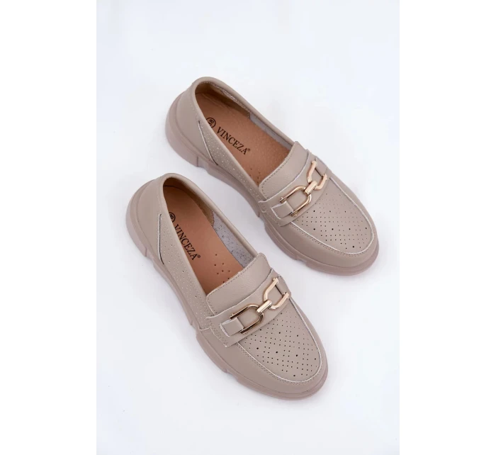 Dámské kožené mokasíny se zlatým detailem Vinceza – tmavě béžové Dámské kožené mokasíny se zlatým detailem Vinceza – tmavě béžové