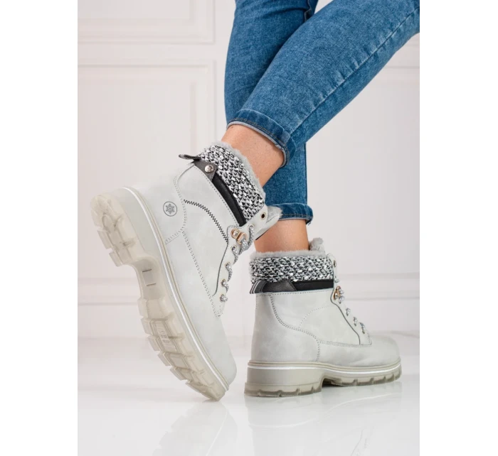 Trendy  kotníčkové boty dámské šedo-stříbrné na plochém podpatku