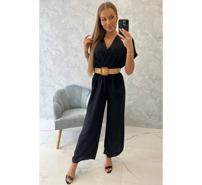 Kombinéza s ozdobným páskem v pase černá