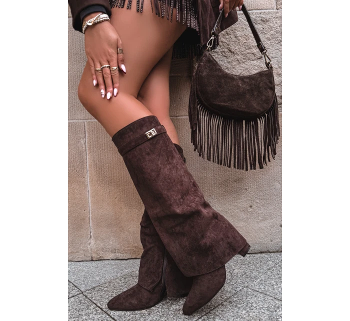 Kozačky Eko Podpatky Na Zip Zateplené  Čokoládové model 21704760 - Boto