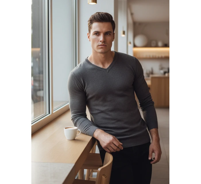 Pánský tmavě šedý svetr s výstřihem FashionStreet WX2219