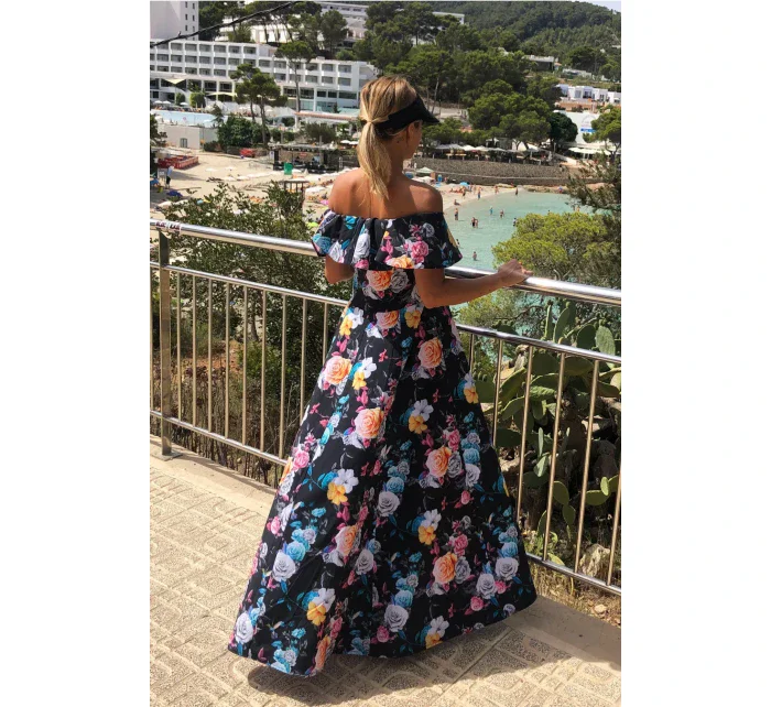 Dlouhé dámské černé šaty s barevnými květy a španělským výstřihem model 7118058