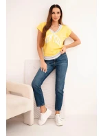 Dámská bavlněná blůza s výstřihem do V a potiskem NEW YORK žlutá Dámská bavlněná blůza s výstřihem do V a potiskem NEW YORK žlutá