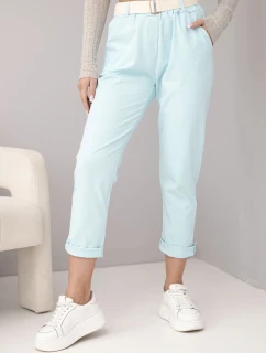 Dámské bavlněné kalhoty s páskem a ohrnutým nohavicí mátové