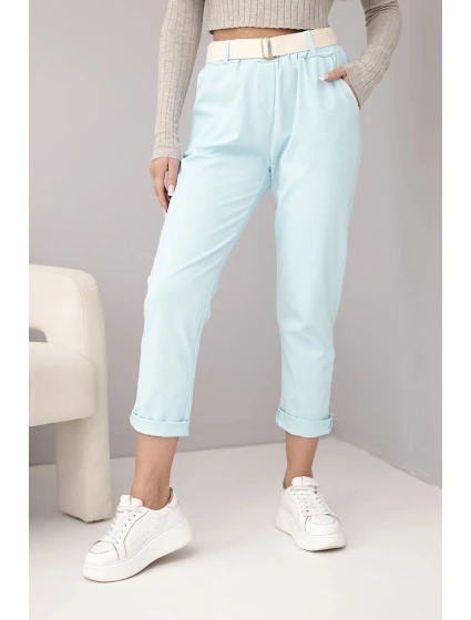 Dámské bavlněné kalhoty s páskem a ohrnutým nohavicí mátové Dámské bavlněné kalhoty s páskem a ohrnutým nohavicí mátové