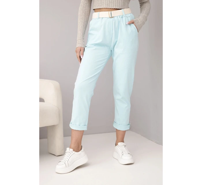 Dámské bavlněné kalhoty s páskem a ohrnutým nohavicí mátové Dámské bavlněné kalhoty s páskem a ohrnutým nohavicí mátové